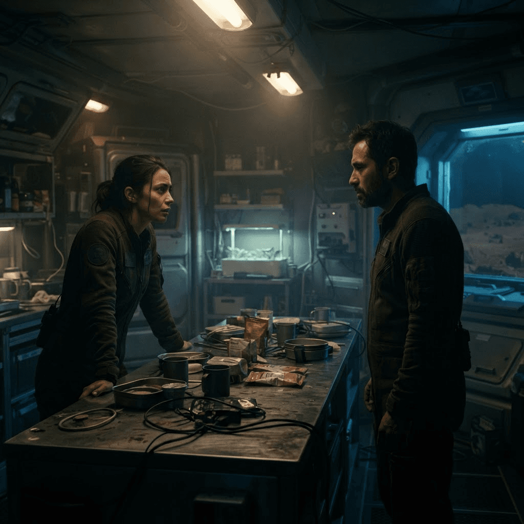 Mars House, a dimly lit private colony habitat kitchen